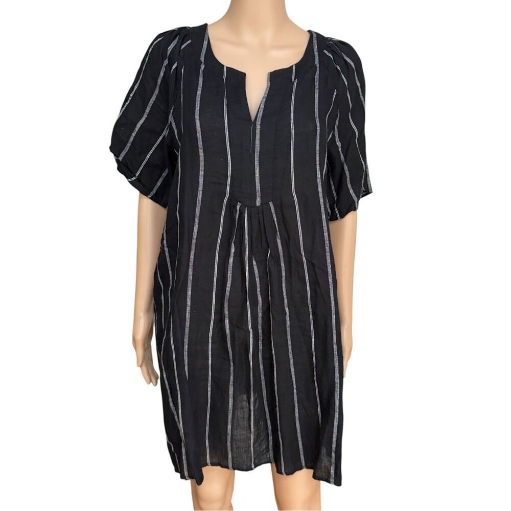 Miou Muse 100% linen Dress Womens Black White Striped Pleated Split Neck Sz M